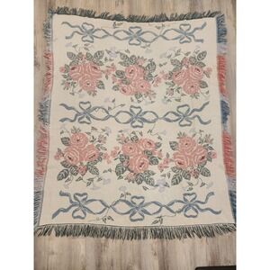 Vtg Crown Crafts Woven Tapestry Throw Blanket Rises Ribbons Bows Pink Blue Cream